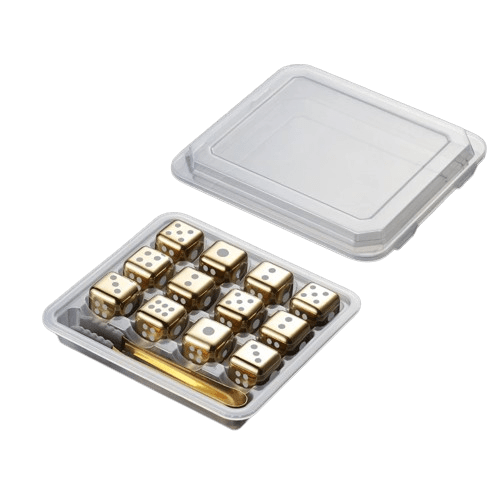 12 genanvendelige gyldne isterninger i rustfrit stål i form og design af spilleterninger