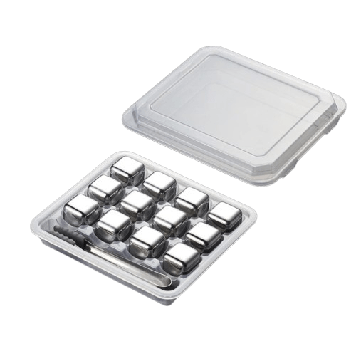 12 genanvendelige isterninger af rustfrit stål i form af spilleterninger