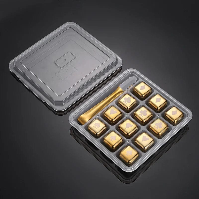 12 genanvendelige isterninger i rustfrit stål - guld - pokermotiver