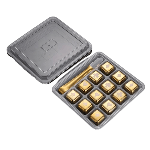 12 genanvendelige isterninger i rustfrit stål - guld - pokermotiver