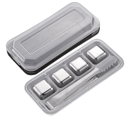 4 genanvendelige isterninger af rustfrit stål i form af spilleterninger