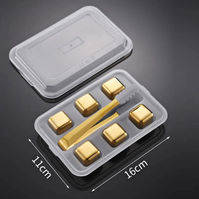 6 genanvendelige gyldne isterninger i rustfrit stål