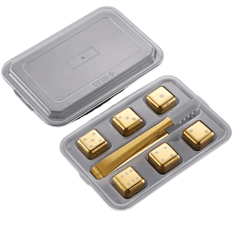 6 genanvendelige gyldne isterninger i rustfrit stål i form af terninger - pokermotiver