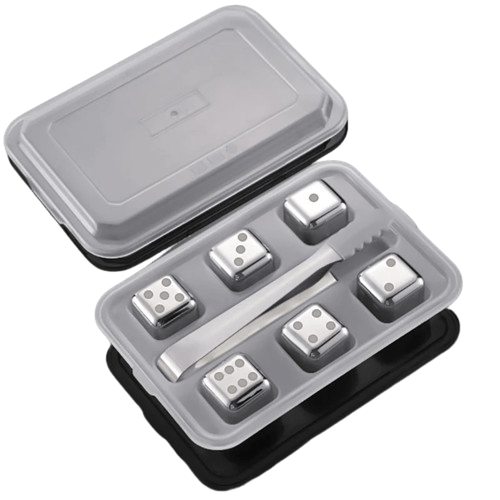 6 genanvendelige isterninger i rustfrit stål i form af terninger med motiver