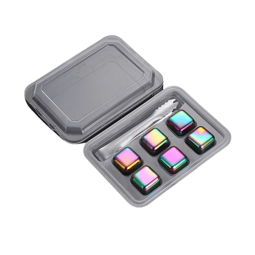 6 regnbuefarvede genanvendelige isterninger i rustfrit stål i form af spilleterninger