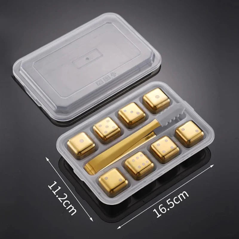 8 genanvendelige isterninger af gyldne terninger i rustfrit stål