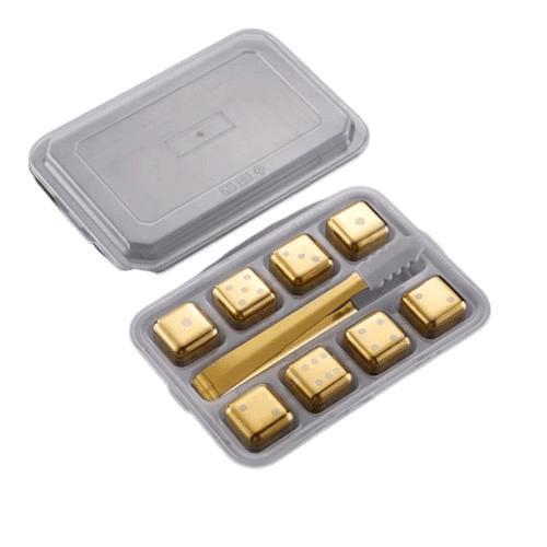 8 genanvendelige isterninger af gyldne terninger i rustfrit stål