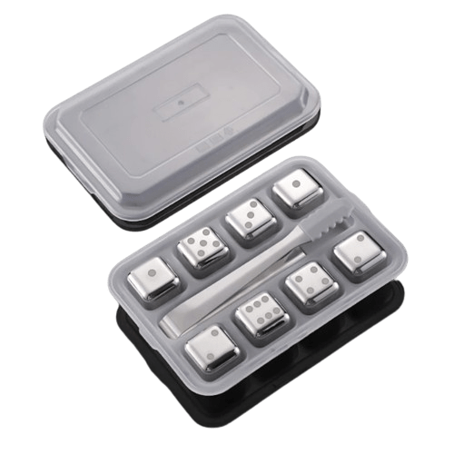 8 genanvendelige isterninger i rustfrit stål i form af terninger med motiver