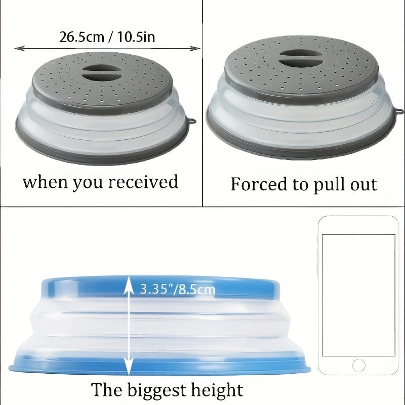 Rundt ventileret, sammenklappeligt mikrobølgedæksel med håndtag, vaskbart madfilter, køkkenredskab
