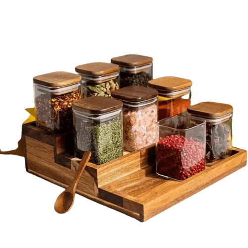 Sæt med 4 krydderikrukker af glas med låg af akacietræ