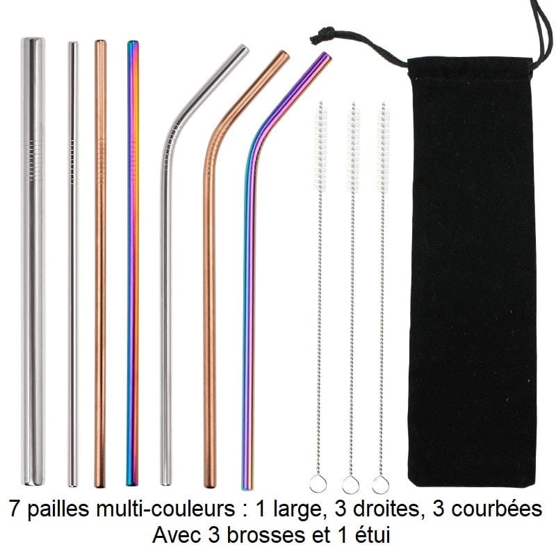 Genanvendelige sugerør i rustfrit stål 7 flerfarvede sugerør: 1 bredt, 3 lige, 3 buede