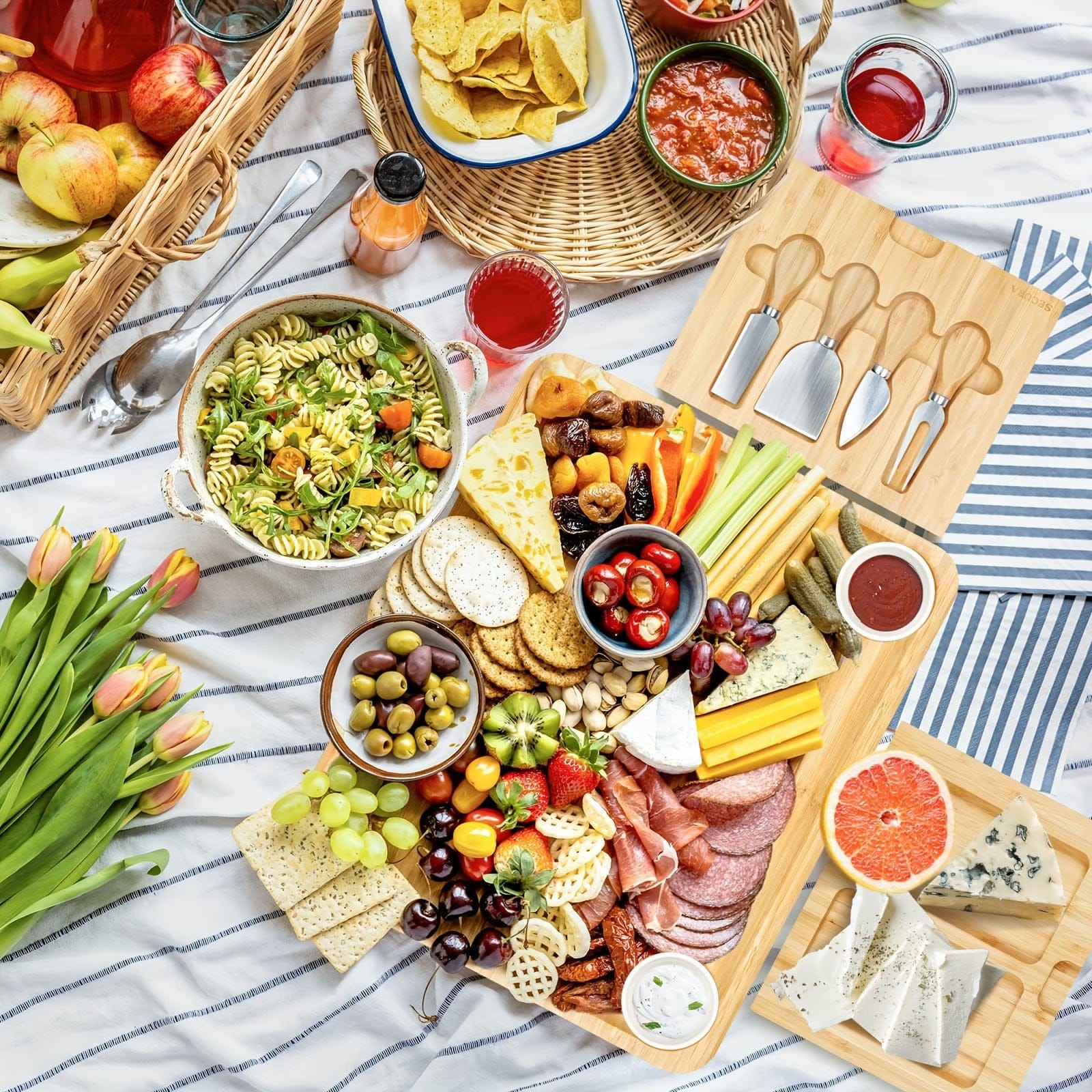 Bambus-ostebræt med kniv og keramiske skåle - Gavesæt - FN63926 Beige