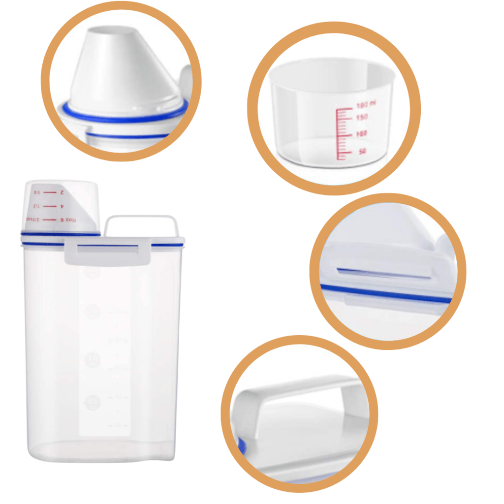 Opbevaringsbeholder til fødevarer med hældetud og gradueret måletud