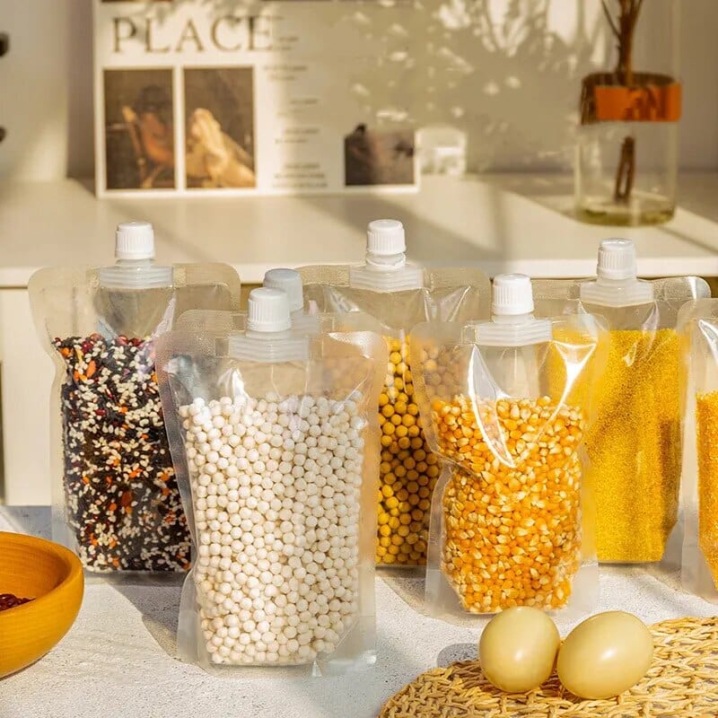 Konserveringsposer med håndtag og genlukkelig skænkeprop