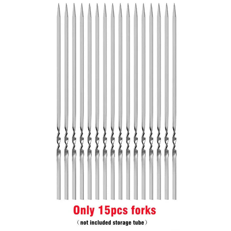 Grillspyd i rustfrit stål BBQ Shish Kebab Flat Forks Storage Tube For Outdoor Camping Picnic Cooking Tools Reusable 20Pcs Only 15pcs forks