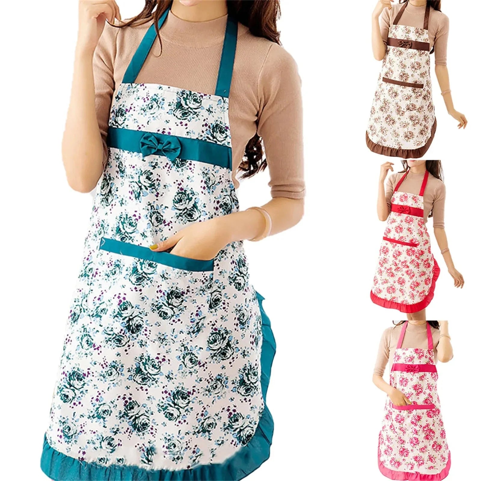 Blomstret køkkenforklæde til kvinder med lommer og justerbart taljebælte Vandtæt hagesmækforklæde til kvinder