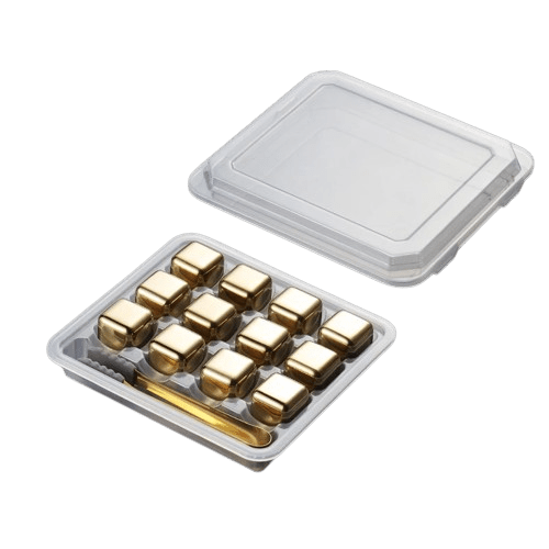 12 genanvendelige gyldne isterninger i rustfrit stål i form af terninger