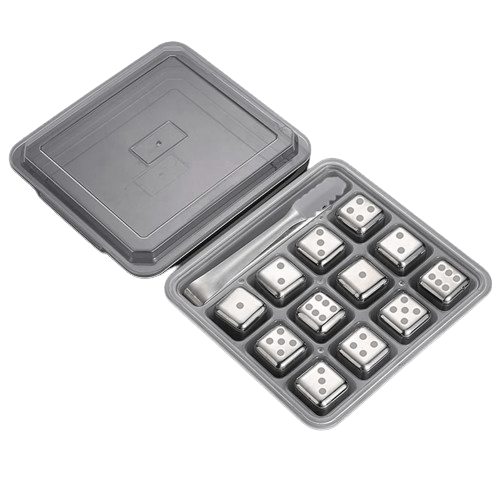 12 genanvendelige isterninger af rustfrit stål til leg.