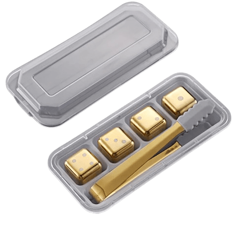 4 genanvendelige gyldne isterninger i rustfrit stål i form af spilleterninger