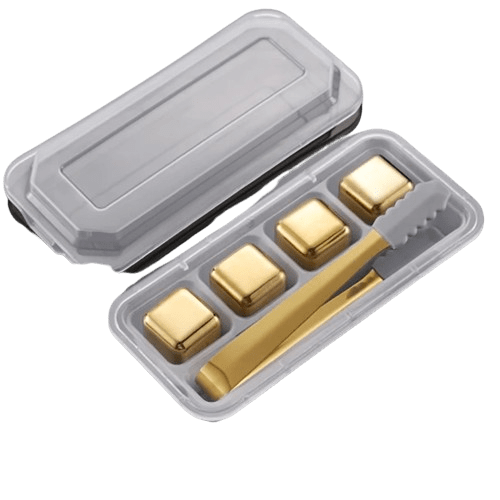 4 gyldne genanvendelige isterninger i rustfrit stål i form af spilleterninger