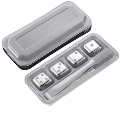 4 genanvendelige isterninger i rustfrit stål i form af terninger med motiver