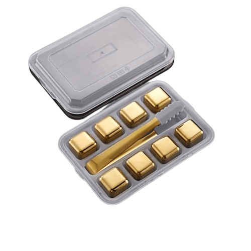 8 genanvendelige gyldne isterninger i rustfrit stål i form af spilleterninger