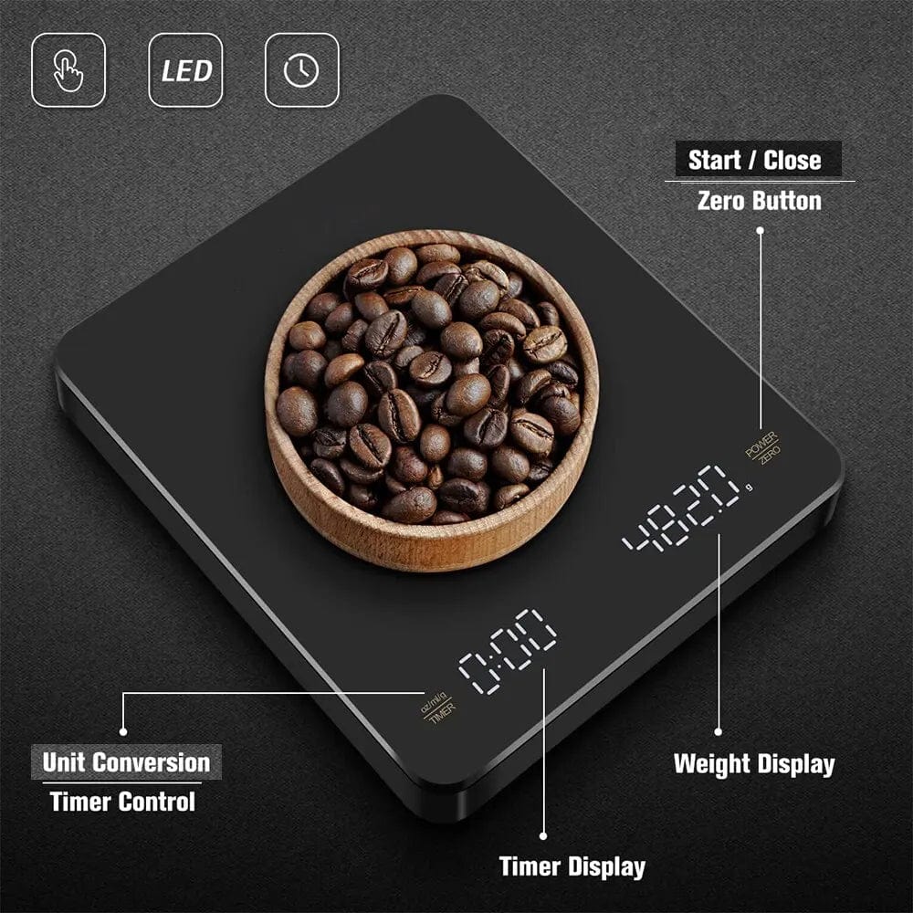 Digital kaffevægt med timer LED-display USB Espresso 3kg Max.vægt 0.1g Nøjagtighed i Oz/ml/g KINA / 3Kg / sort
