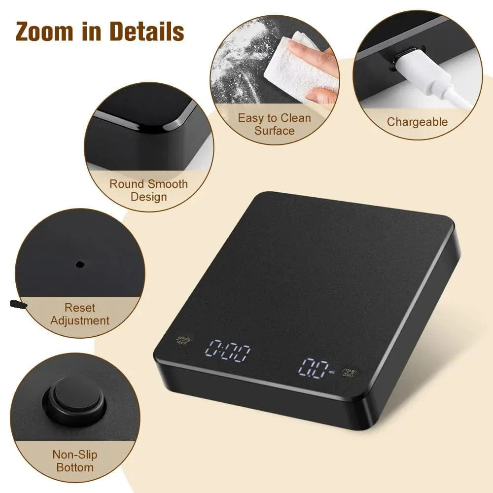 Digital kaffevægt med timer LED-display USB Espresso 3kg Max.vægt 0.1g Nøjagtighed i Oz/ml/g KINA / 3Kg / sort