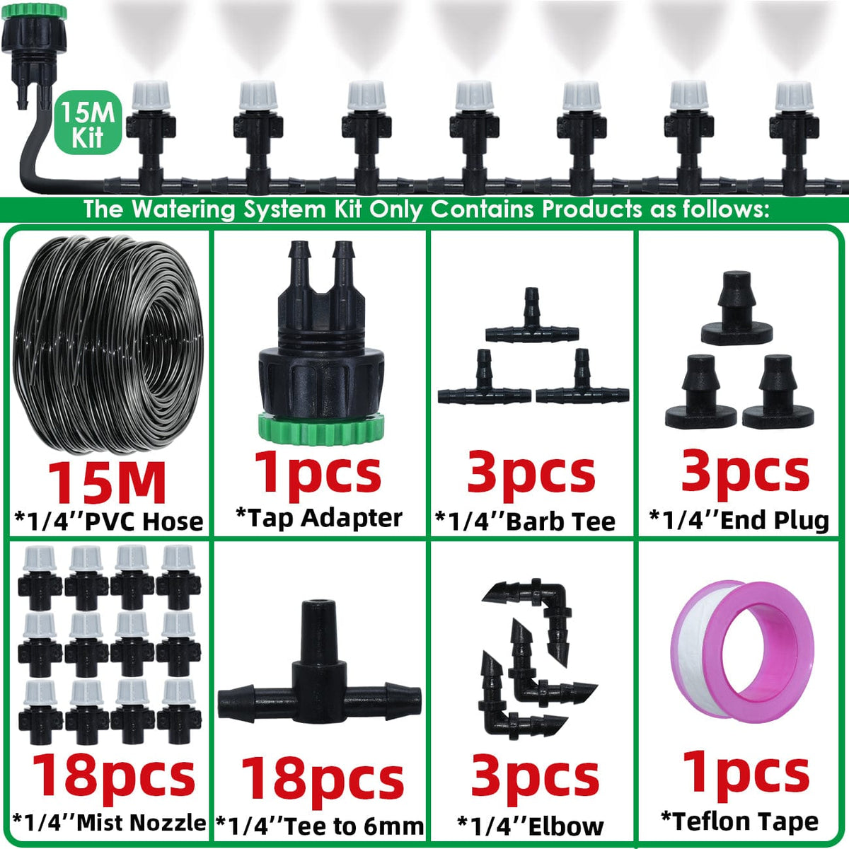 Udendørs vandingsanlæg: Professionelt vandingssæt på 15 meter - 47 dyser og elementer