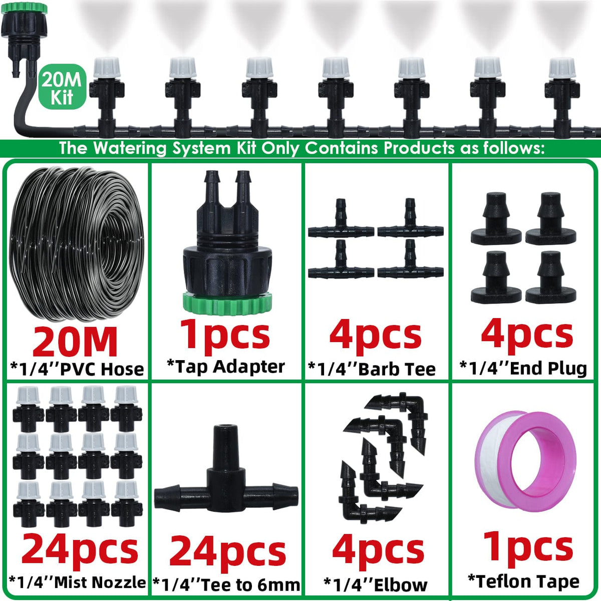 Udendørs vandingsanlæg: Professionelt vandingssæt på 20 meter - 62 dyser og elementer