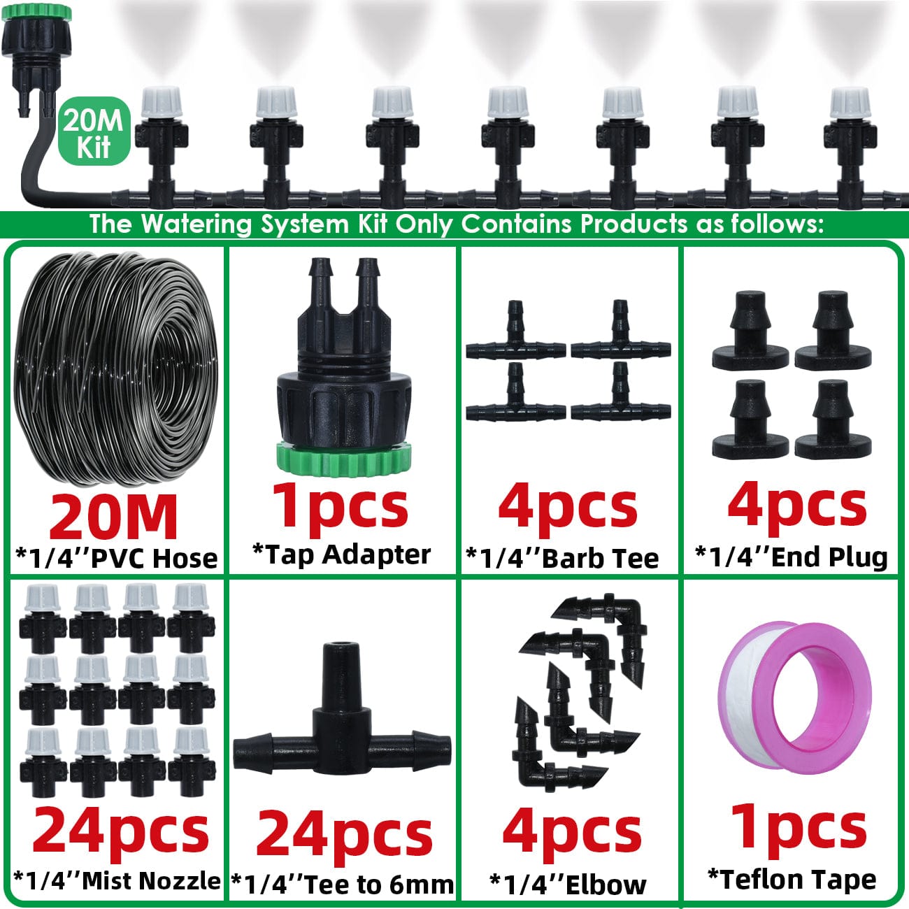 Udendørs vandingsanlæg: Professionelt vandingssæt på 20 meter - 62 dyser og elementer
