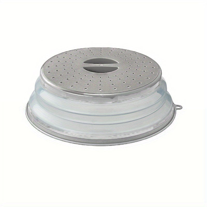 Rundt ventileret, sammenklappeligt mikrobølgedæksel med håndtag, vaskbart madfilter, gråt køkkenredskab