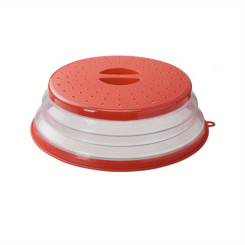 Foldbart, rundt, ventileret mikrobølgedæksel med håndtag, vaskbart madfilter, rødt køkkenredskab