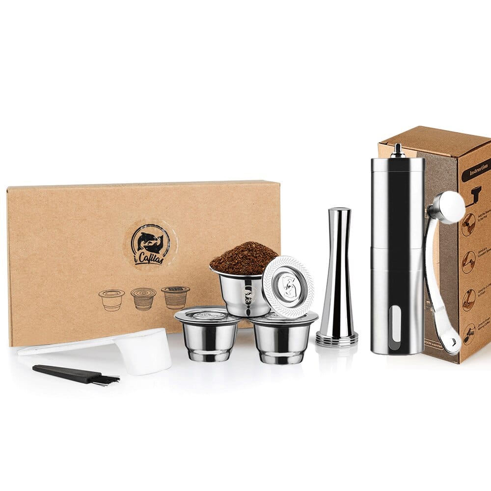 Genanvendelige Nespresso-kapsler Gavesæt: 3 kapsler + 1 kop + 1 kaffekværn