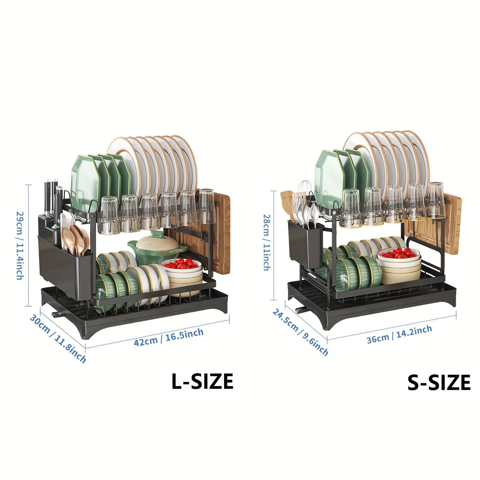 Dobbeltdækket opvaskemaskine med bestikbakke og drypbakke, Multifunktionel opbevaring af opvask, Stor kapacitet, Til køkkenbordplader