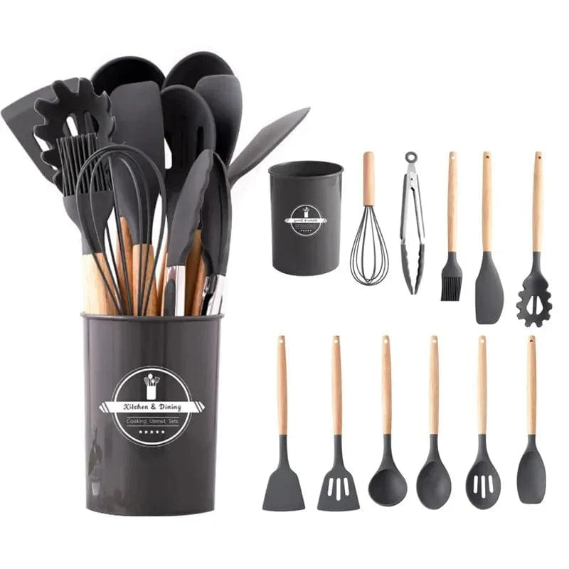 Køkkenredskabssæt i silikone med 12 dele, non-stick varmebestandigt - Outils de cuisine Gray 12 piece set