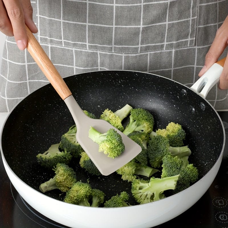 Beige køkkenredskabssæt i silikone med træhåndtag - sæt med 12, sikre, ikke-klæbende, vaskbare køkkenredskaber - køkkenudstyr, køkkenredskaber