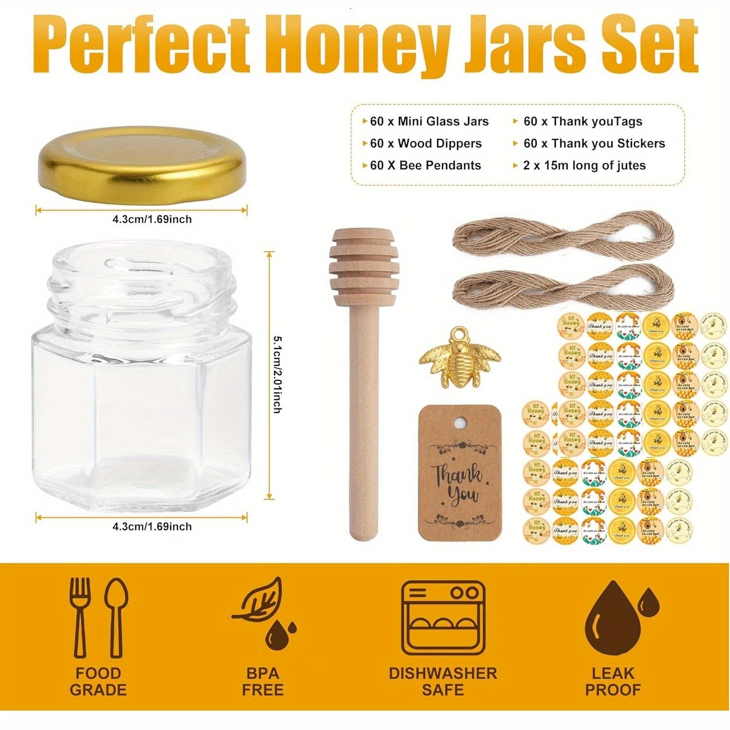 Sæt med 60 sekskantede 1,5 oz glaskrukker med guldlåg - babyshower, bryllup, gaver og gaver 60 stk.