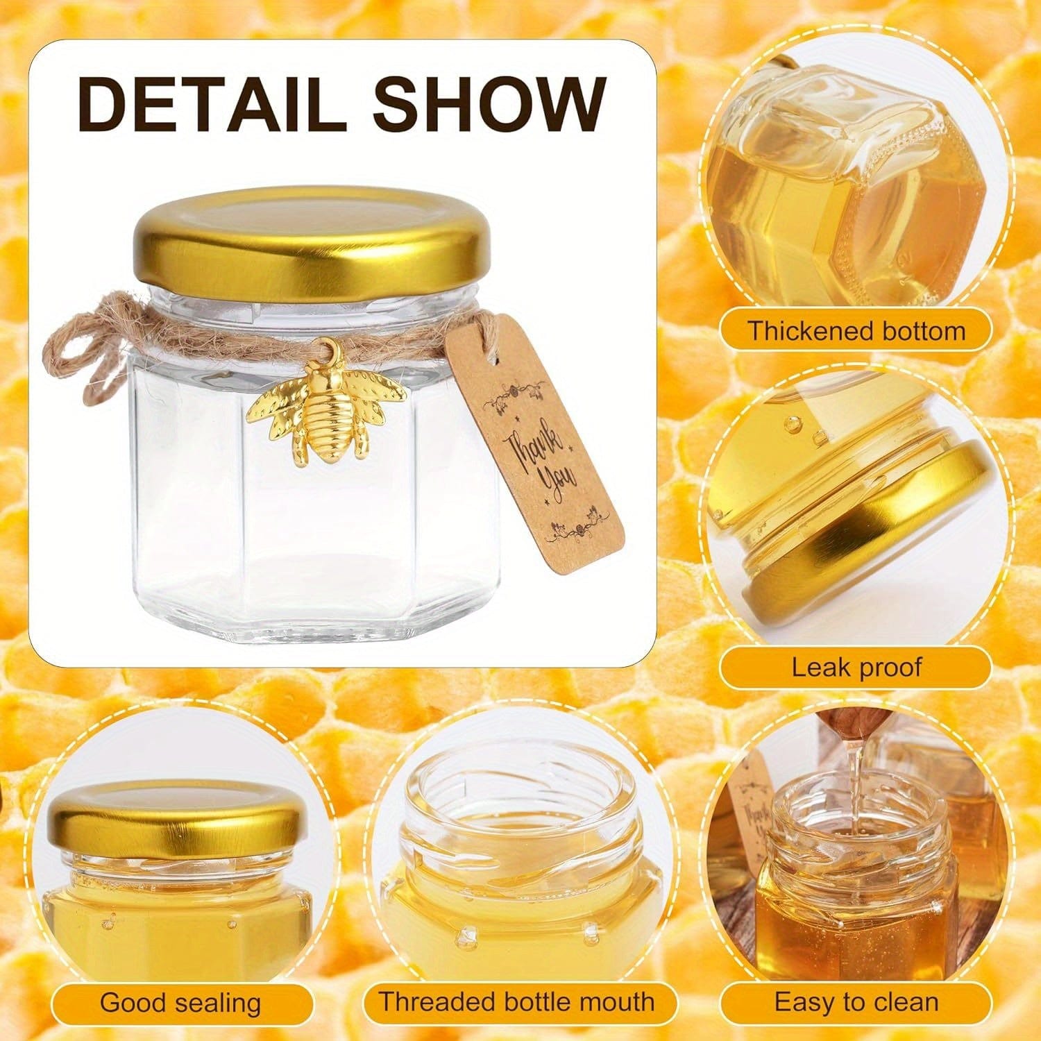 Sæt med 60 sekskantede 1,5 oz glaskrukker med guldlåg - babyshower, bryllup, gaver og gaver 60 stk.