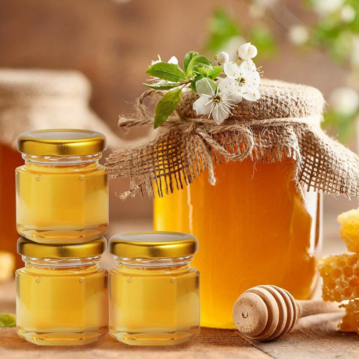 Sæt med 60 sekskantede 1,5 oz glaskrukker med guldlåg - babyshower, bryllup, gaver og gaver 60 stk.