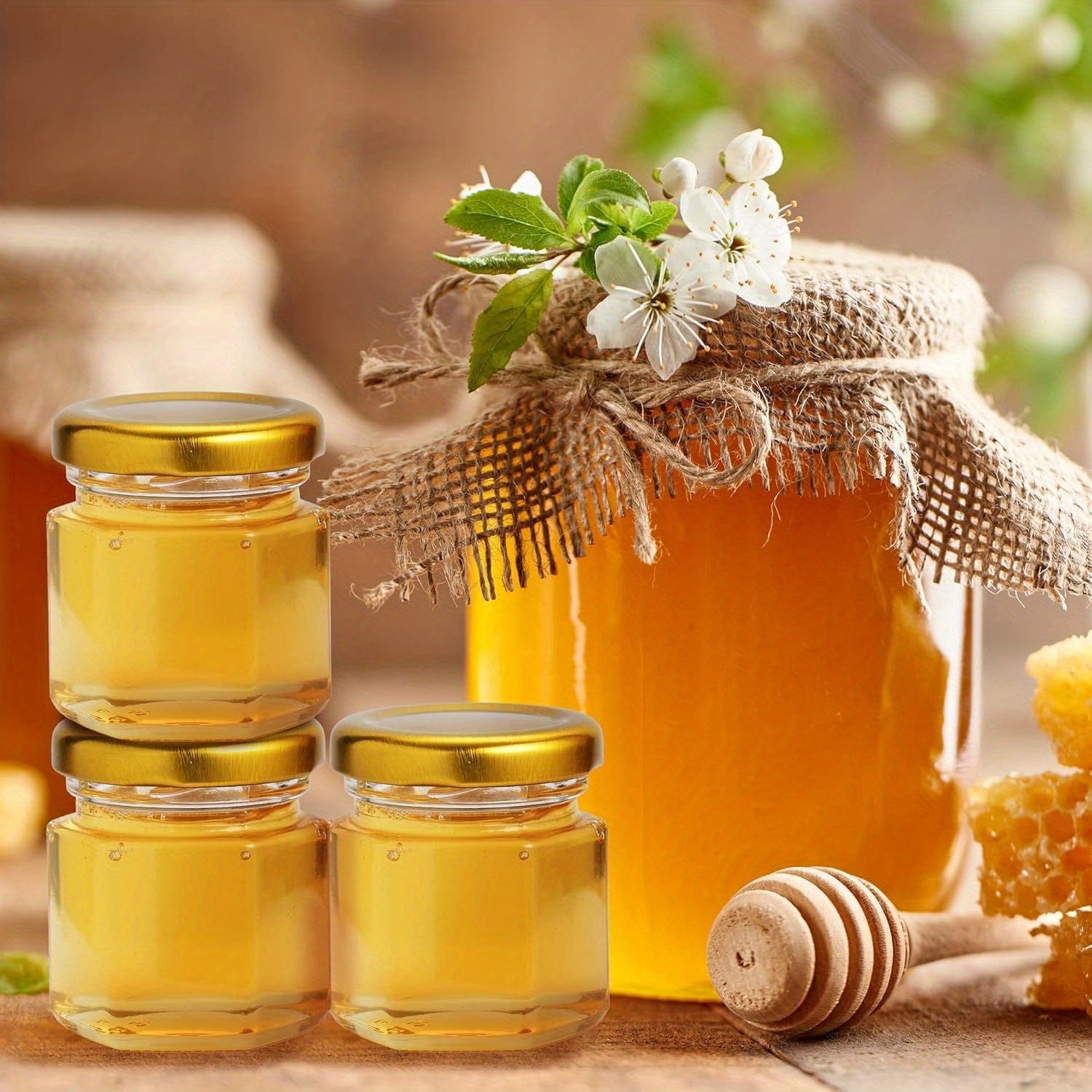 Sæt med 60 sekskantede 1,5 oz glaskrukker med guldlåg - babyshower, bryllup, gaver og gaver 60 stk.