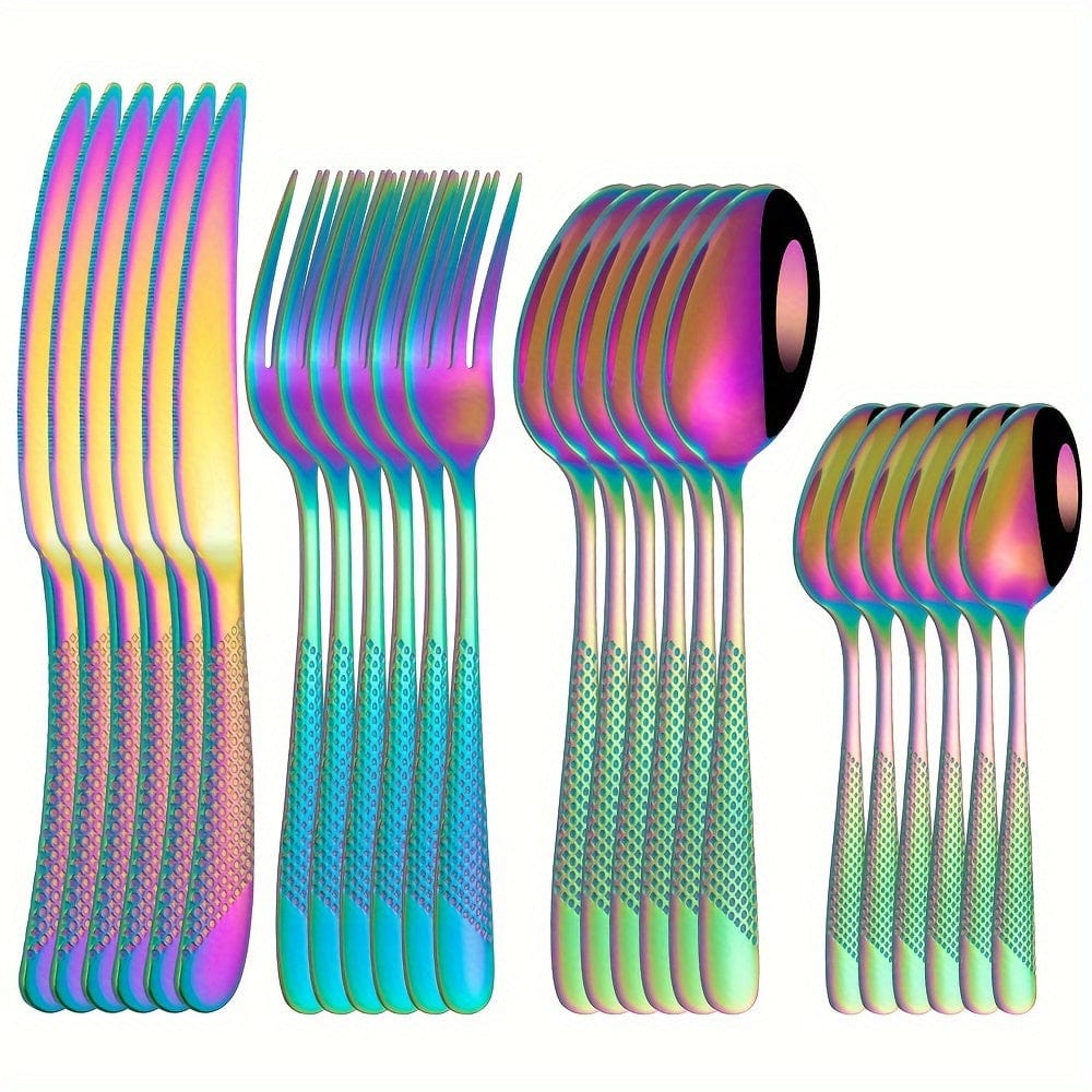 24 dele stjernebestik i rustfrit stål - steakkniv, gaffel, spiseske, dessertske - til hotel og restaurant - farverigt