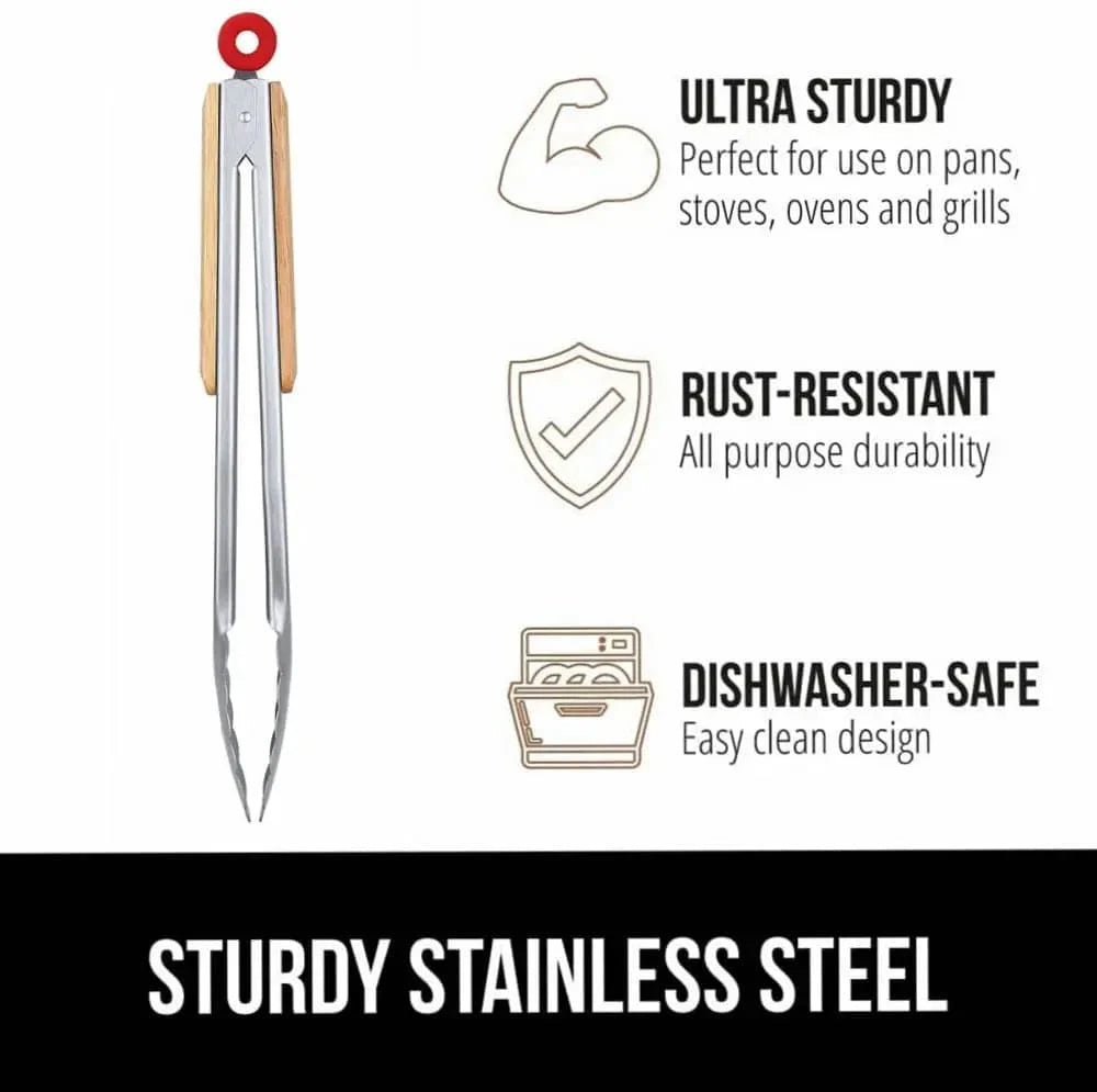 Leeseph køkkentang i rustfrit stål 9" og 12", låsbar metaltang med træhåndtag, grilltang til pander og grill