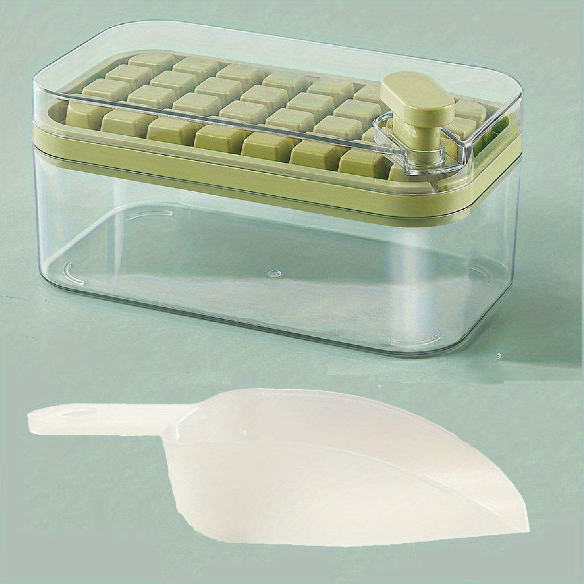 Sæt med 2 isterningebakker - 64 bakker - med låg og opbevaringsbakke - PP i fødevarekvalitet Grøn / 32 enkeltlag med isspade