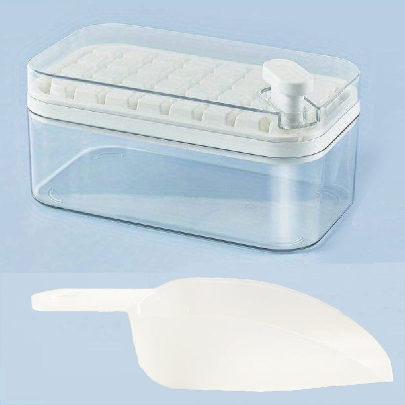 Sæt med 2 isterningebakker - 64 bakker - med låg og opbevaringsbakke - PP hvid af fødevarekvalitet / 32 enkeltlag med isspade