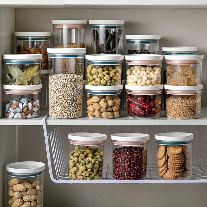 Pakke med 4 gennemsigtige lufttætte dåser med blågrøn forsegling