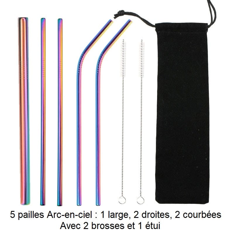 Genanvendelige sugerør i rustfrit stål 5 Rainbow-sugerør: 1 bredt, 2 lige, 2 buede