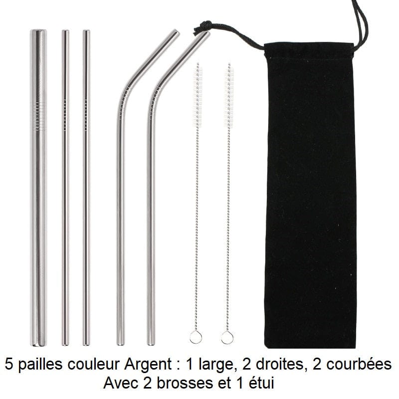 Genanvendelige sugerør i rustfrit stål 5 sølvfarvede sugerør: 1 bredt, 2 lige, 2 buede