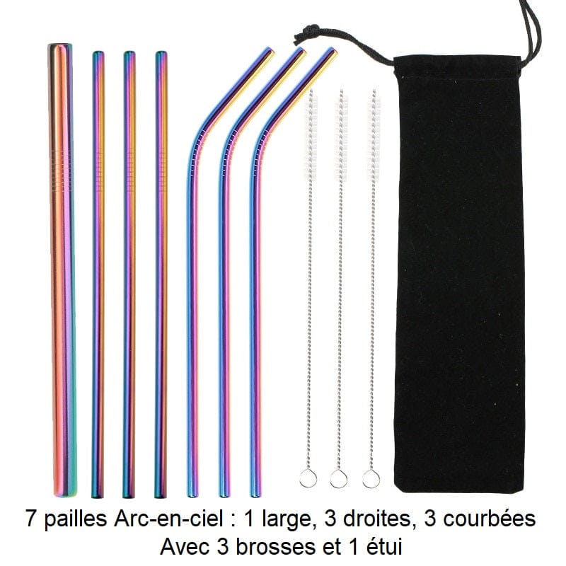 Genanvendelige sugerør i rustfrit stål 7 Rainbow-sugerør: 1 bredt, 3 lige, 3 buede