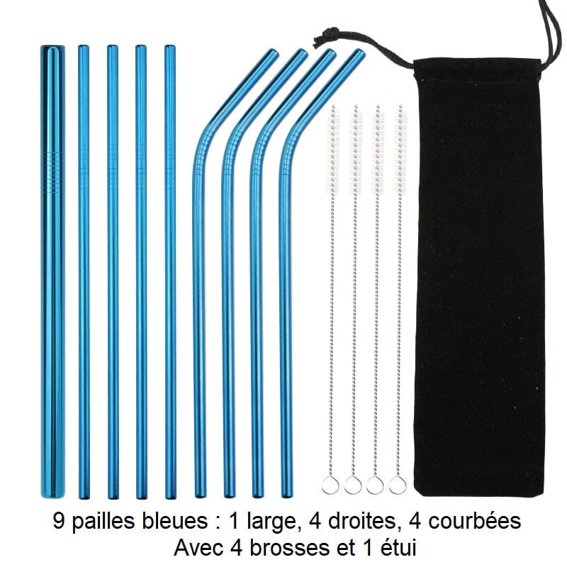 Genanvendelige sugerør i rustfrit stål 9 blå sugerør: 1 bredt, 4 lige, 4 buede